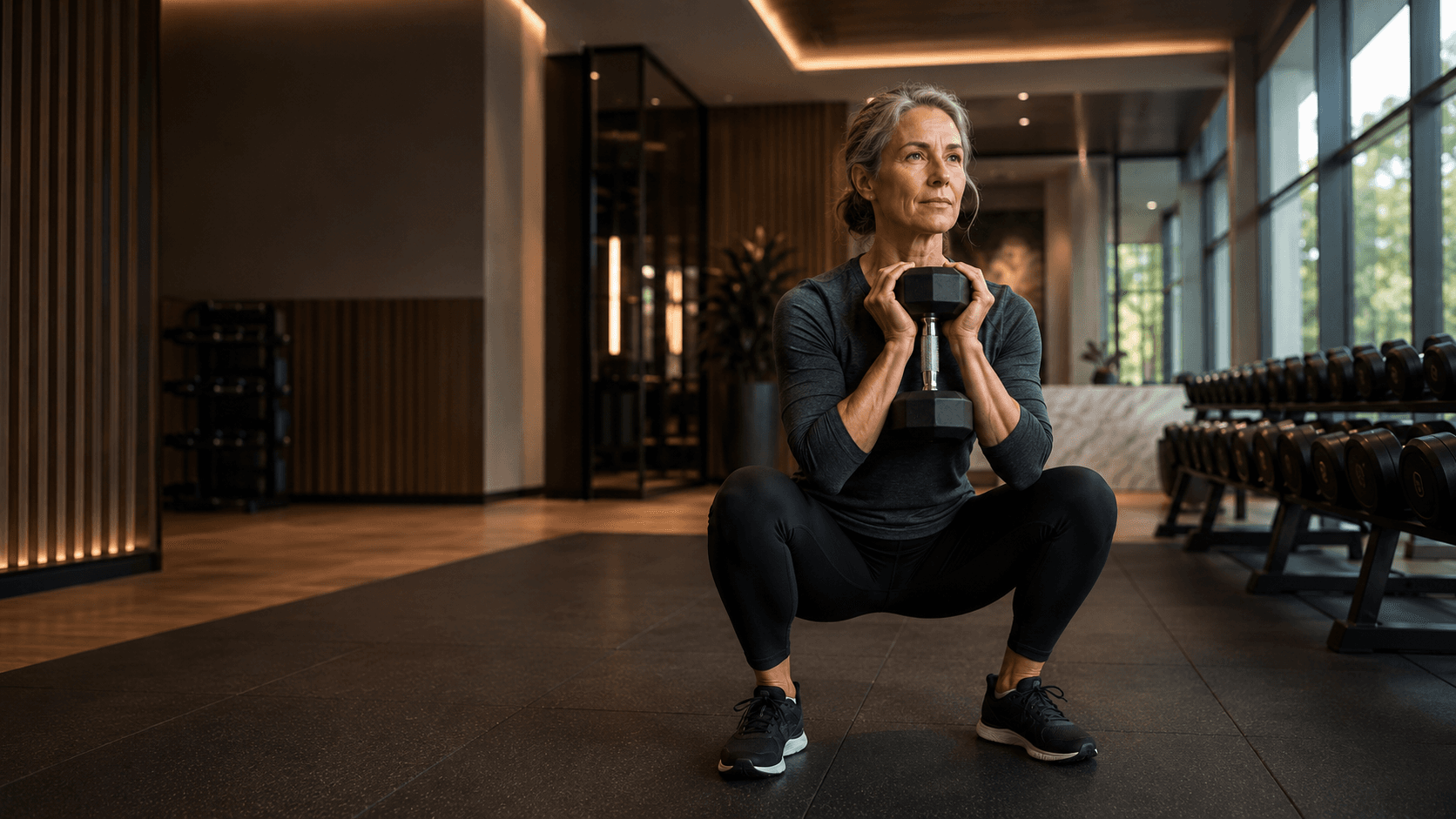 An adult over 40 performing a controlled goblet squat with a dumbbell held at chest height, demonstrating the squat — the first of the five foundational movement patterns that every strength training programme after 40 should be built around