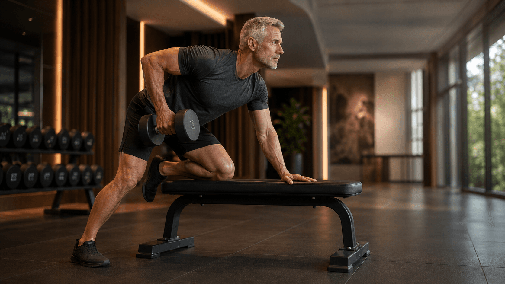 A focused mature lifter mid set in the gym, training with intention and good technique under a moderate load — the picture of the calm, deliberate approach to resistance training that protects long term health and manages chronic conditions in adults over 40