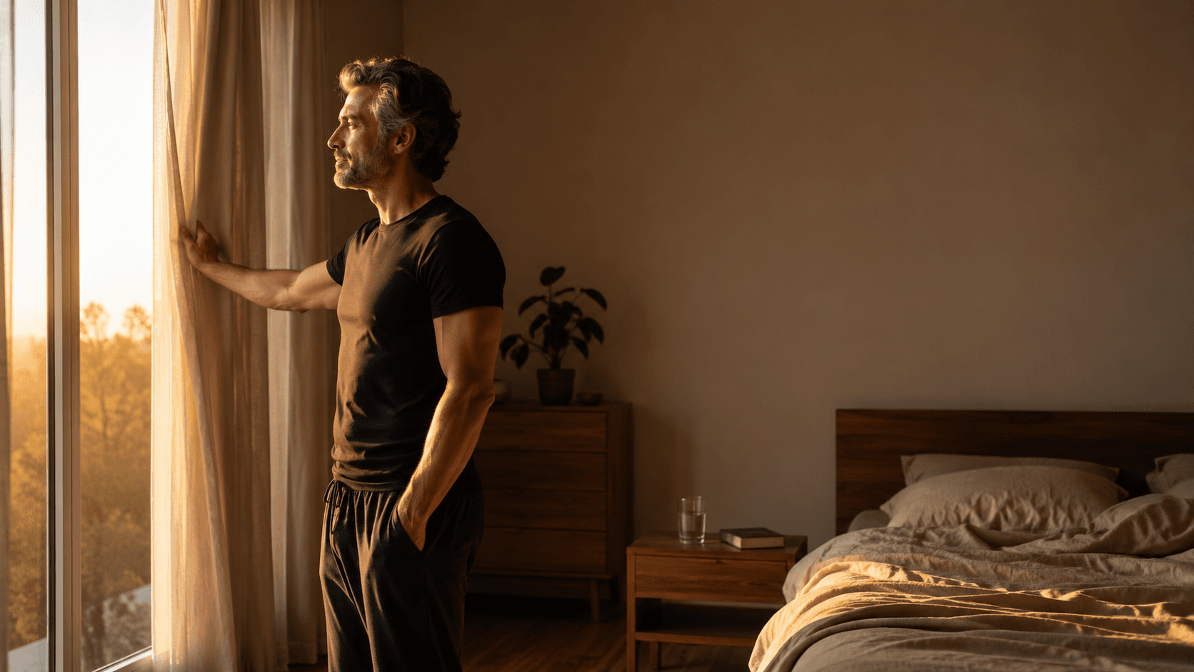 A silver-haired man standing at his bedroom window at sunrise, drawing the curtains open to let early daylight in — capturing the morning reset that begins to unwind a chronically elevated HPA axis: consistent wake time, exposure to natural light, and a deliberate, low-cortisol start before the demands of the day begin