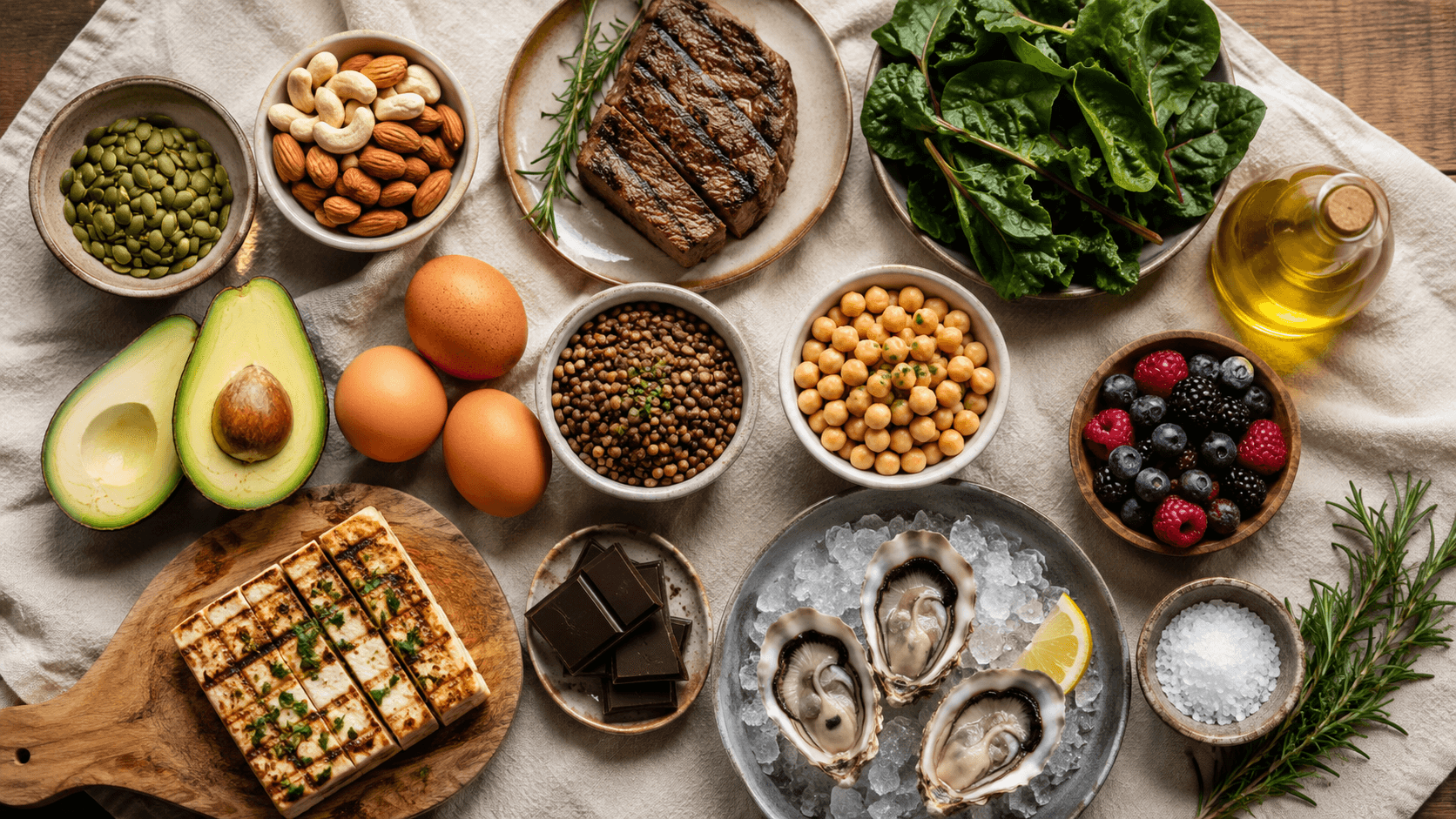 An overhead flat-lay of testosterone-supporting whole foods on a linen cloth — pumpkin seeds, cashews and almonds, eggs, grilled steak, oysters on ice, kale, avocado, lentils and chickpeas, olive oil, mixed berries, dark chocolate and a slab of tofu — illustrating that the three micronutrients with meaningful evidence (zinc, magnesium, vitamin D) come from a varied real-food diet, not a marketed booster