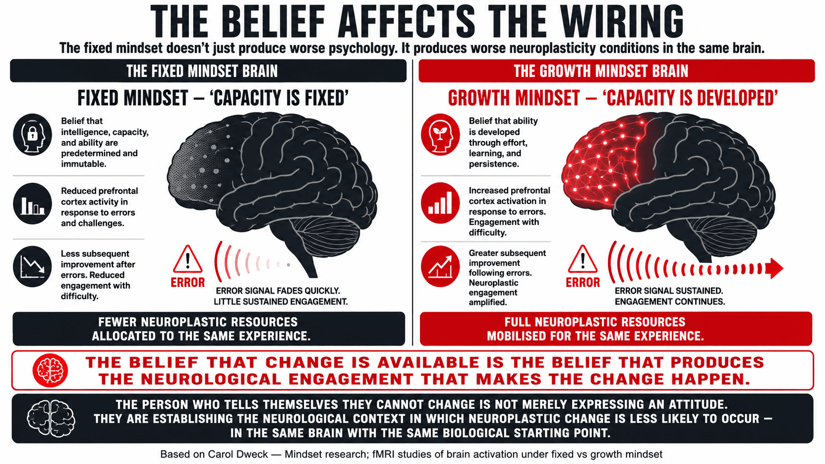 A diagram contrasting the fixed mindset and growth mindset as neurological conditions — showing how belief affects brain activation patterns in response to challenge