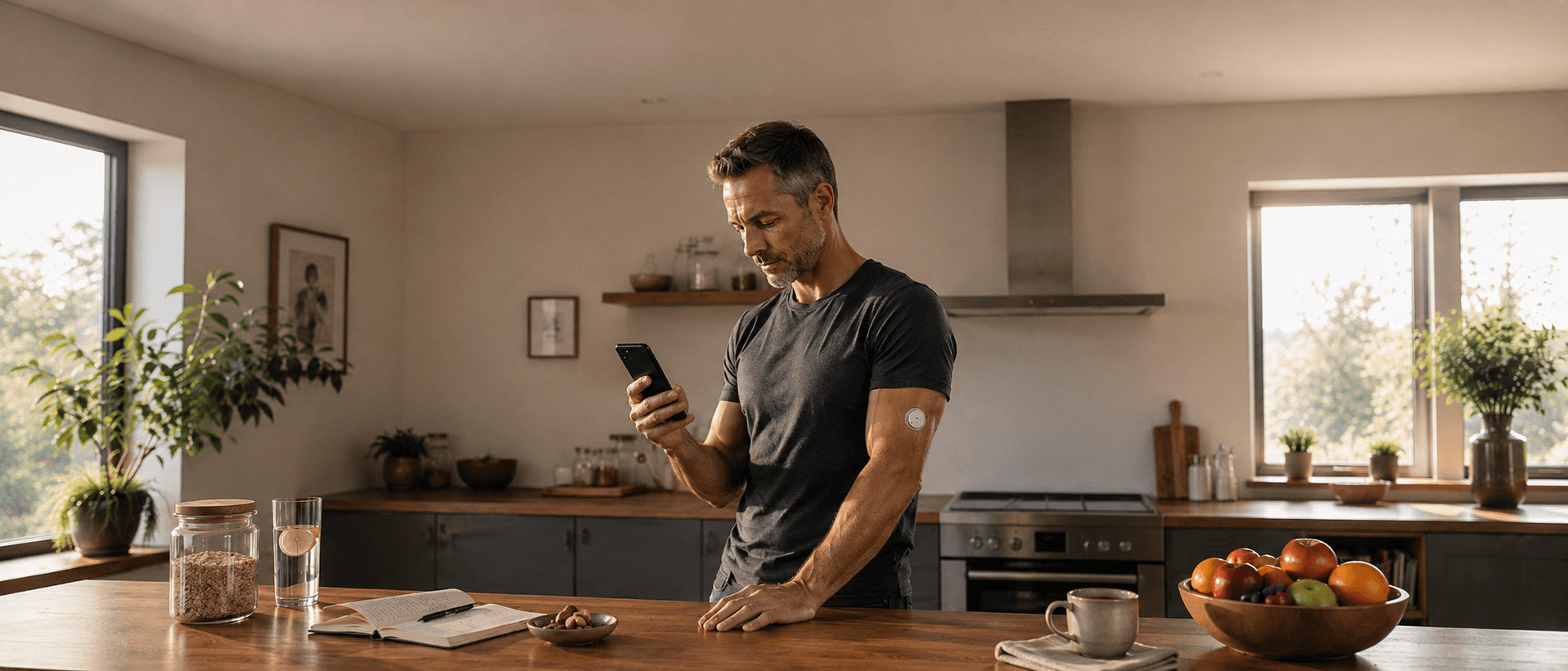 A silver-haired man past 40 wearing a continuous glucose monitor on his upper arm, calmly checking his real-time glucose data on his phone in a sunlit room — embodying the central message that insulin resistance is invisible without measurement, and that taking control begins with knowing your numbers before a clinical threshold is reached