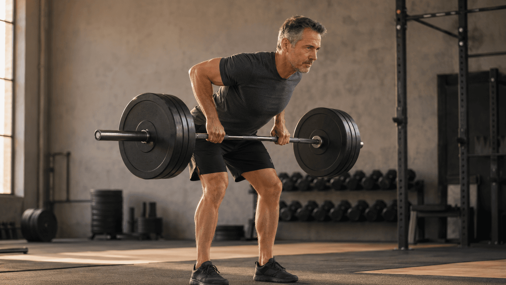 A lean, silver-haired man past 40 mid-rep on a heavy barbell bent-over row in a sunlit industrial gym, recruiting the largest muscle groups in the body — capturing the most metabolically effective intervention for blood glucose: compound resistance training (squat, deadlift, row, press) that triggers GLUT4 translocation, expands the glucose-storing muscle reservoir and lowers HbA1c by clinically meaningful amounts independent of weight loss