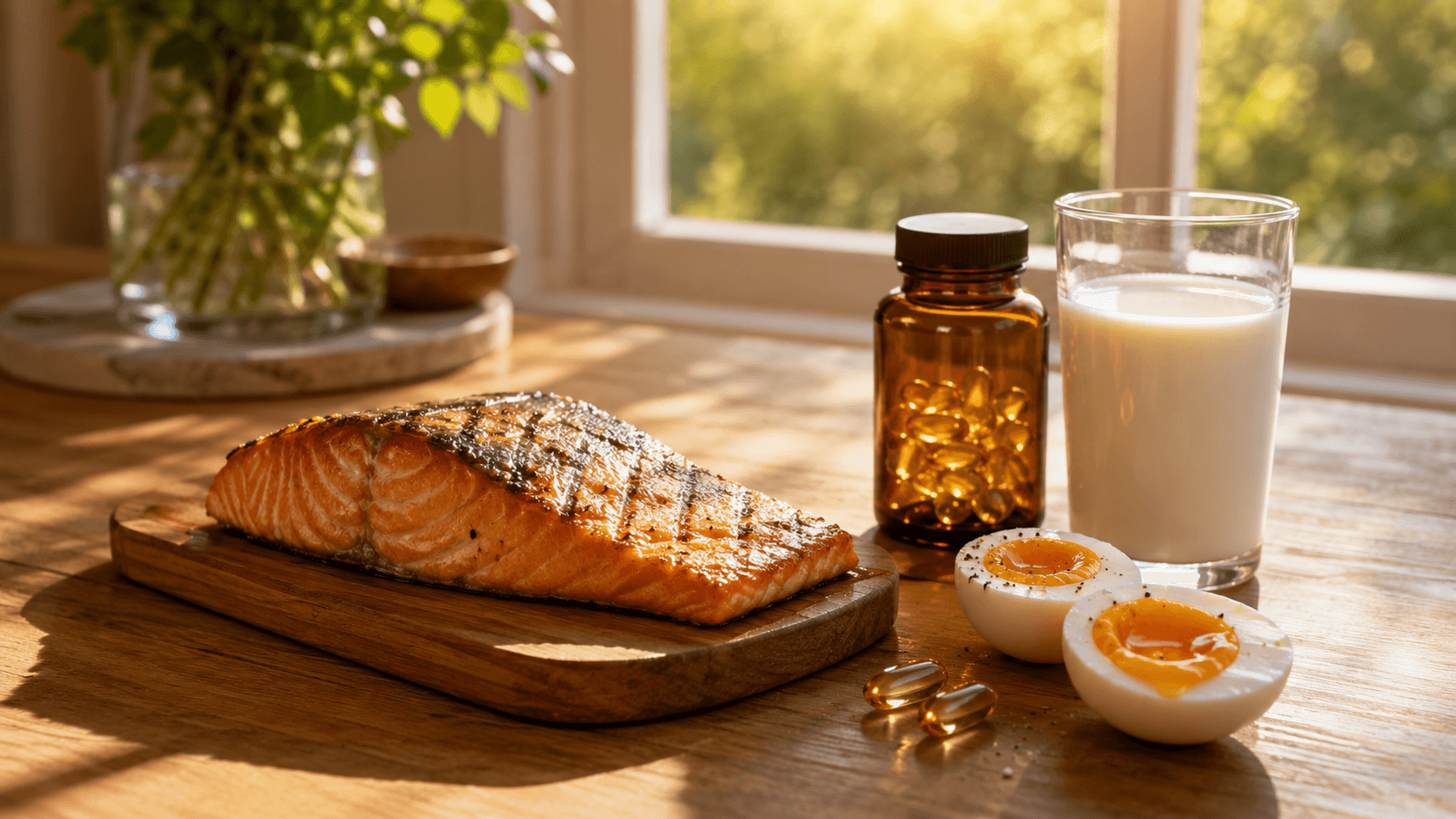 Warm sunlight streaming through a window onto a table with vitamin D rich foods including eggs, salmon, fortified milk, mushrooms, and supplement capsules