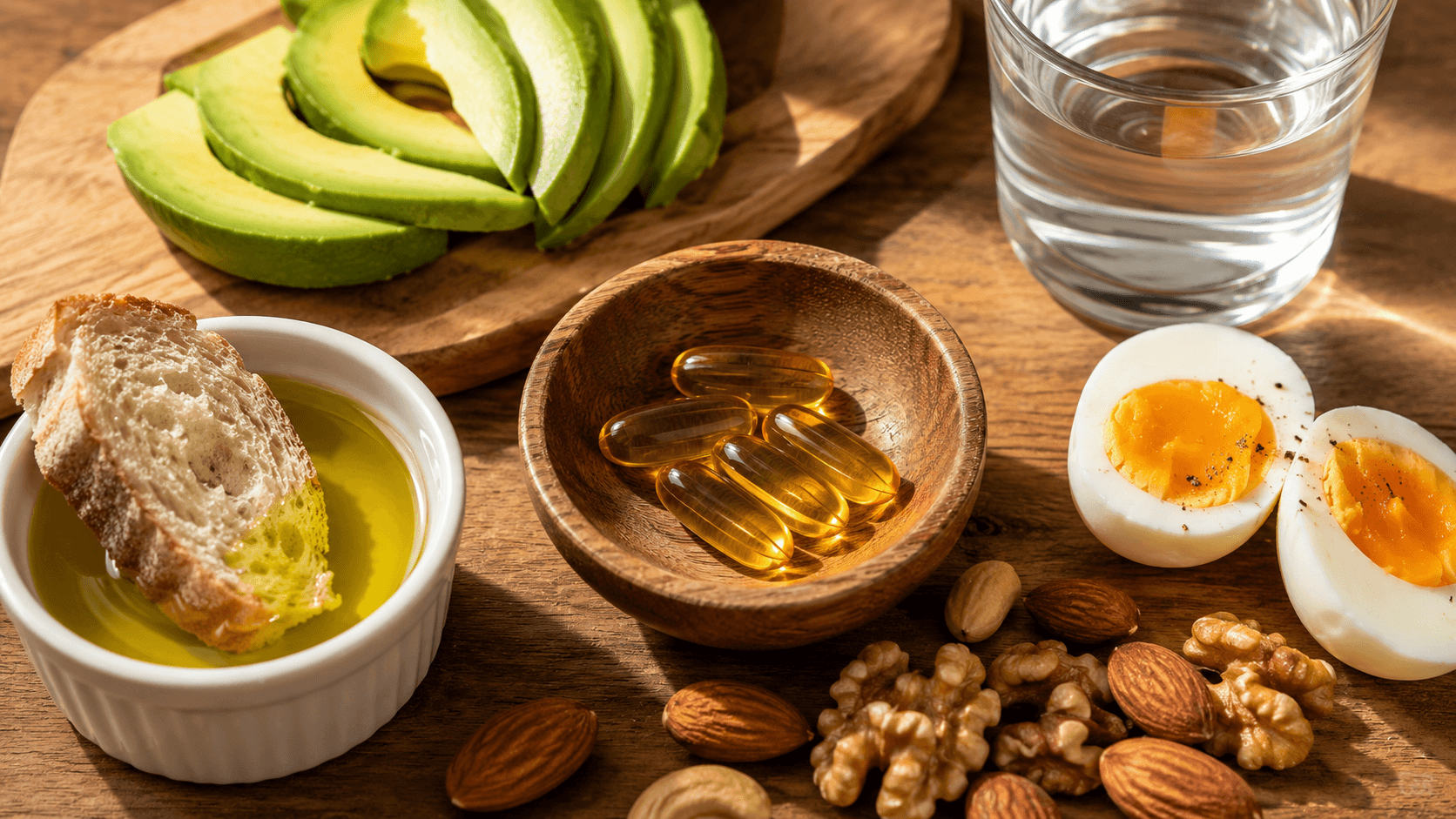 A selection of vitamin D rich foods including oily fish, eggs, fortified milk, and mushrooms on a clean surface