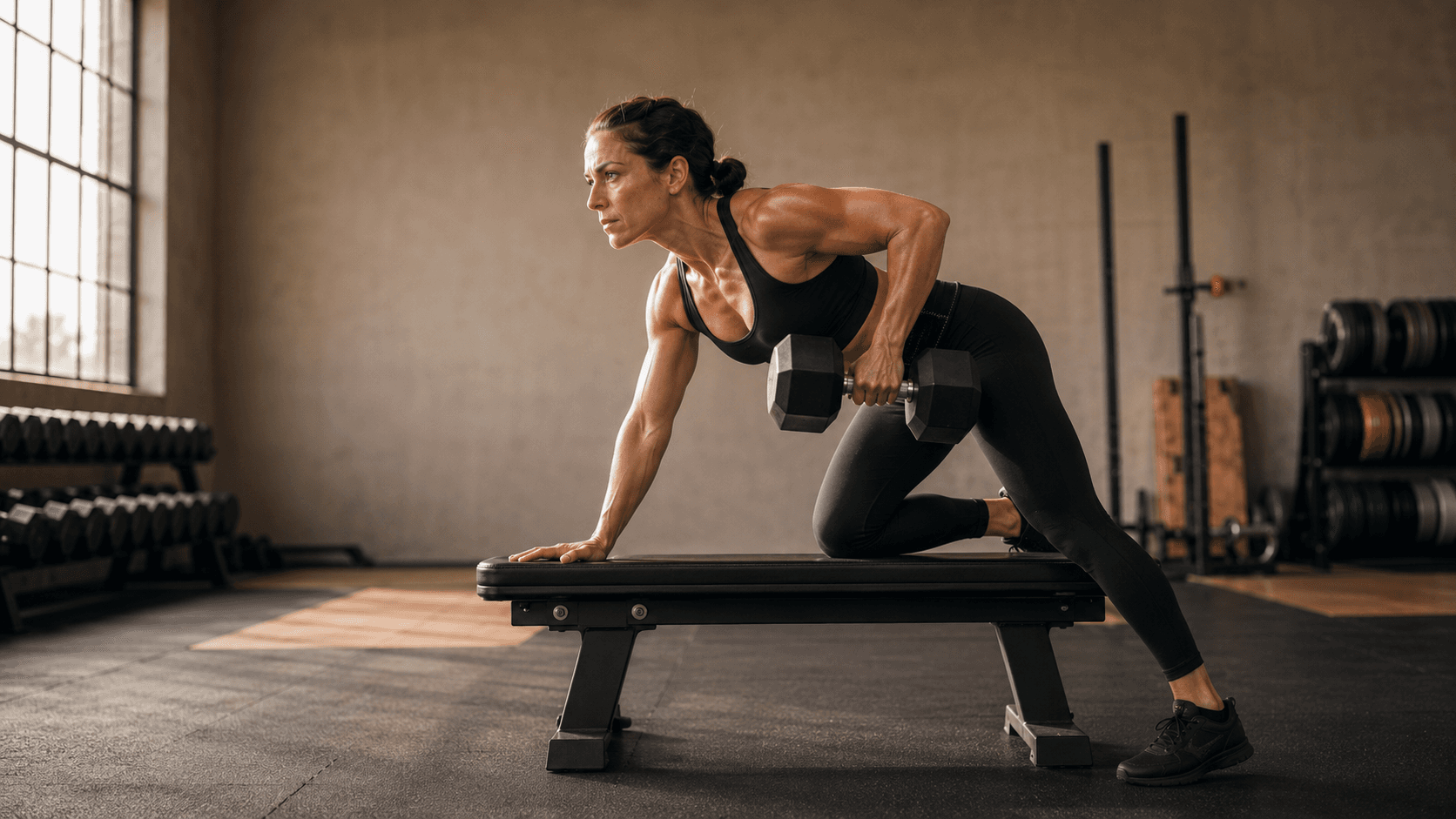 A side-by-side comparison or transformation image of a woman after three months of progressive resistance training showing a leaner, more defined physique at similar bodyweight, illustrating that the female hormonal environment of low testosterone and high oestrogen produces tone and definition rather than bulk