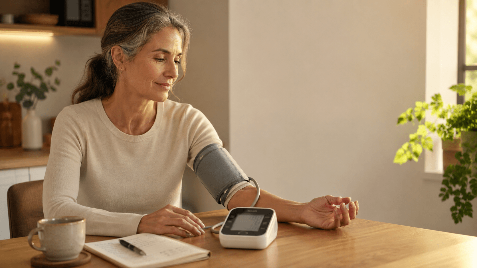 A peri- or early post-menopausal woman in a GP consultation reviewing a cardiovascular baseline that includes a fasting lipid panel, fasting glucose and HbA1c, blood pressure and a QRISK3 score, illustrating the article's argument that the early post-menopausal window is the most influential moment for lifestyle and HRT decisions and warrants a structured cardiovascular assessment