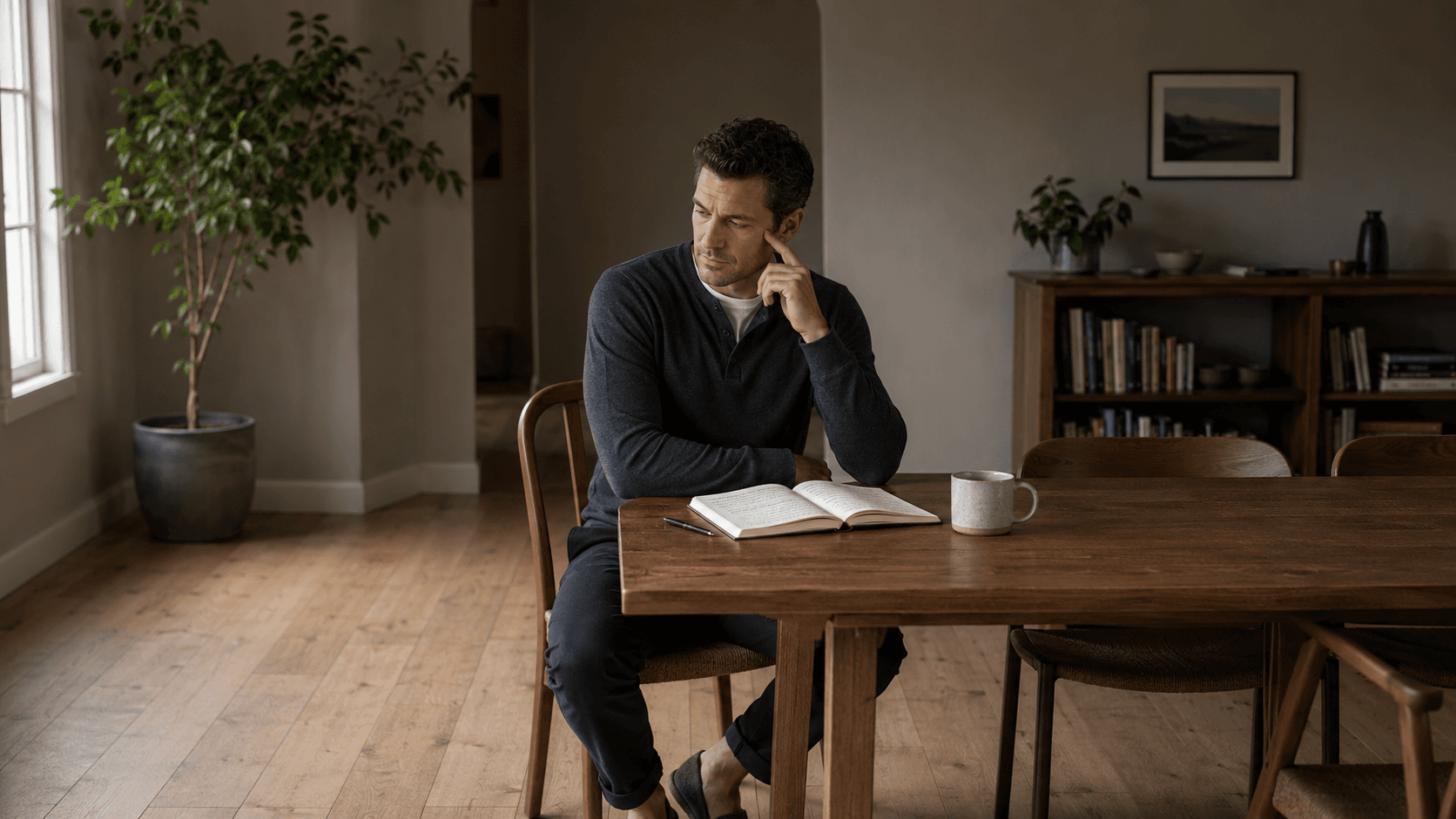 A person in a moment of internal dialogue — the quality of someone processing an internal narrative, mid-movement, mid-day, in ordinary surroundings