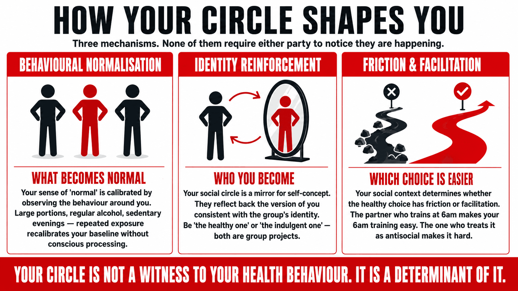 Three overlapping pathways showing the three mechanisms of social health contagion — behavioural normalisation, identity reinforcement, and practical friction and facilitation — operating simultaneously on a person's health decisions