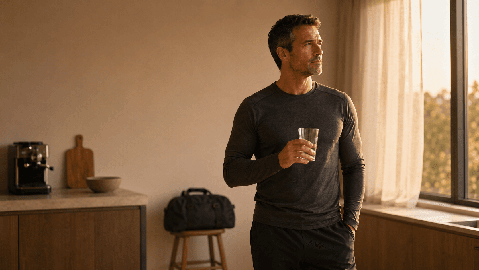 A man in his 40s standing in a calm sunlit kitchen with a glass of water in hand and a kit bag on a stool beside him, embodying the central message that the forties are the decade where consistent daily choices around training, nutrition and lifestyle decide everything that follows