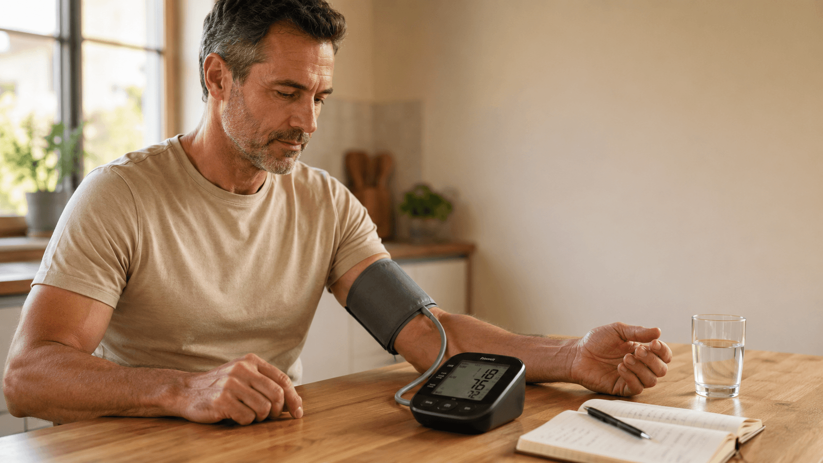 A man in his 40s sitting at a kitchen table taking his blood pressure with a home cuff monitor, glass of water and notebook beside him, illustrating the 'know your numbers' principle and the metabolic markers — blood pressure, fasting glucose, HbA1c, lipids and waist — that need measuring
