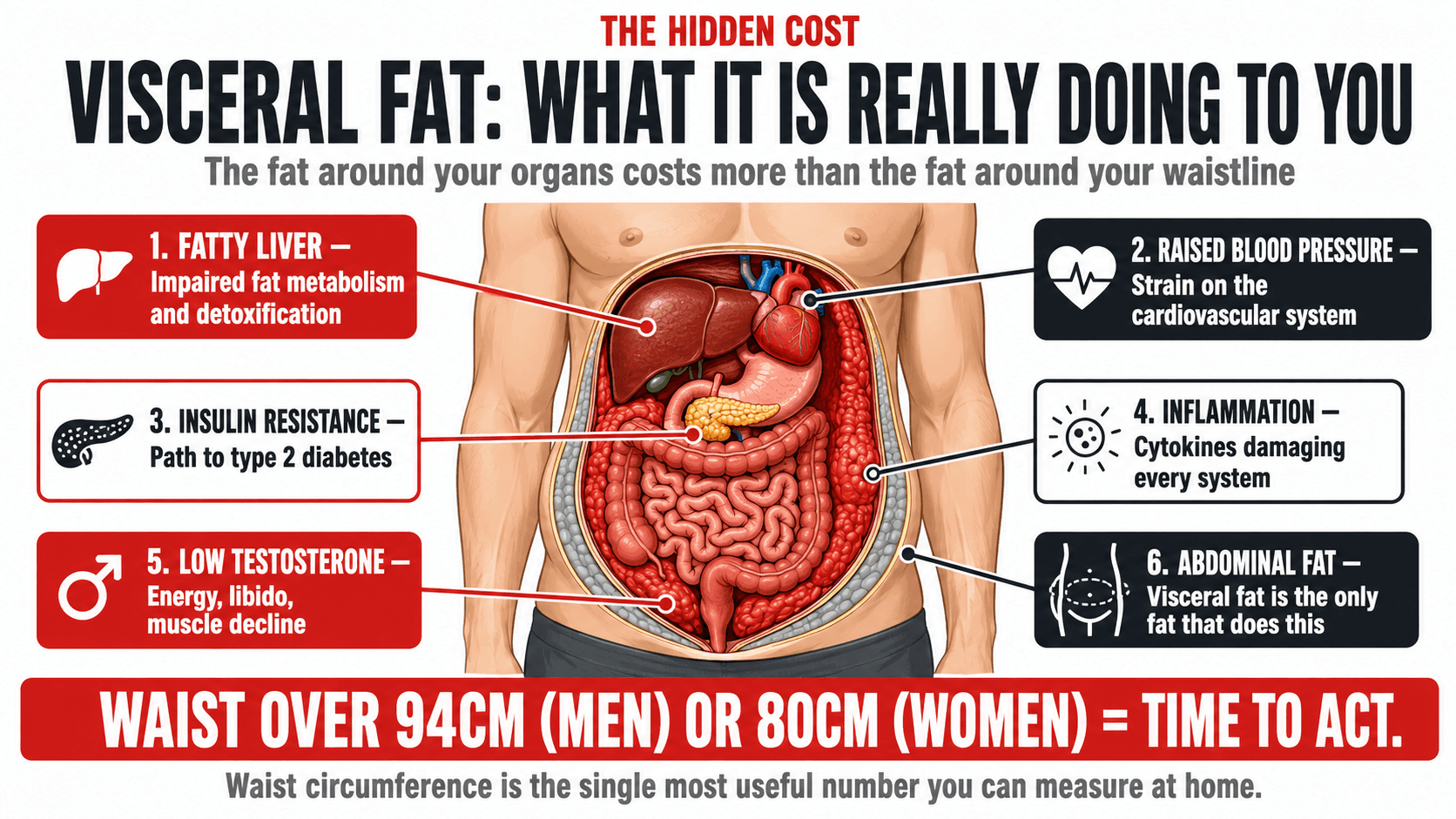 Infographic titled 'Visceral Fat: What It Is Really Doing To You — The hidden cost — the fat around your organs costs more than the fat around your waistline', an abdomen cross-section with six callouts: 1. Fatty Liver (impaired fat metabolism and detoxification), 2. Raised Blood Pressure (strain on the cardiovascular system), 3. Insulin Resistance (path to type 2 diabetes), 4. Inflammation (cytokines damaging every system), 5. Low Testosterone (energy, libido and muscle decline) and 6. Abdominal Fat (visceral fat is the only fat that does this), closing 'Waist over 94 cm (men) or 80 cm (women) = time to act. Waist circumference is the single most useful number you can measure at home.'