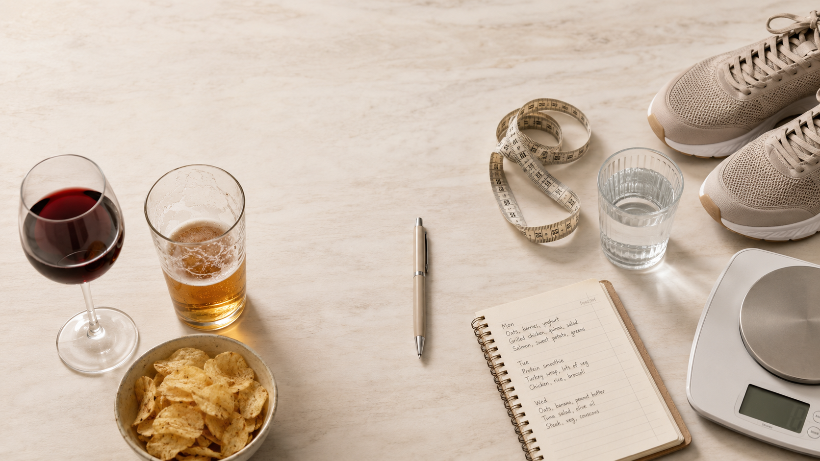 A stylish editorial image of a social setting with drinks on a bar, creating visual tension between social drinking and body composition goals