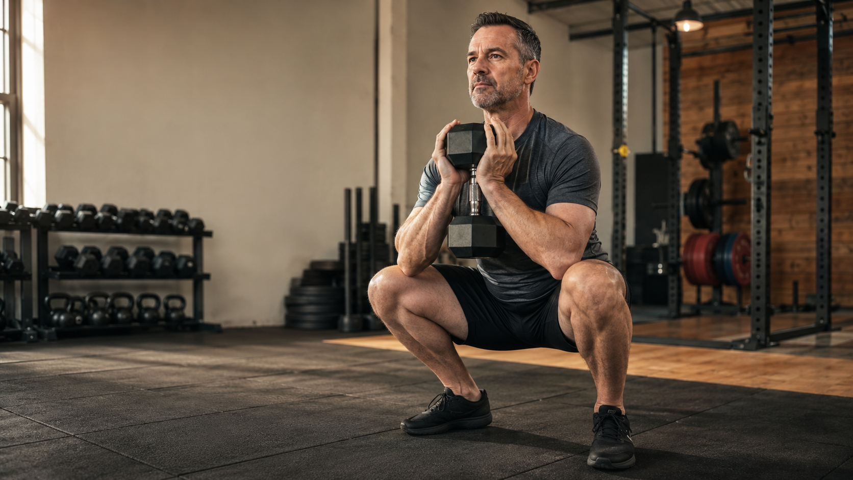 A lean, silver-haired man past 40 holding a deep goblet squat with a single dumbbell at chest level in a sunlit industrial gym, embodying the foundational, well-coached approach to lifting weights that this beginner's checklist is built around
