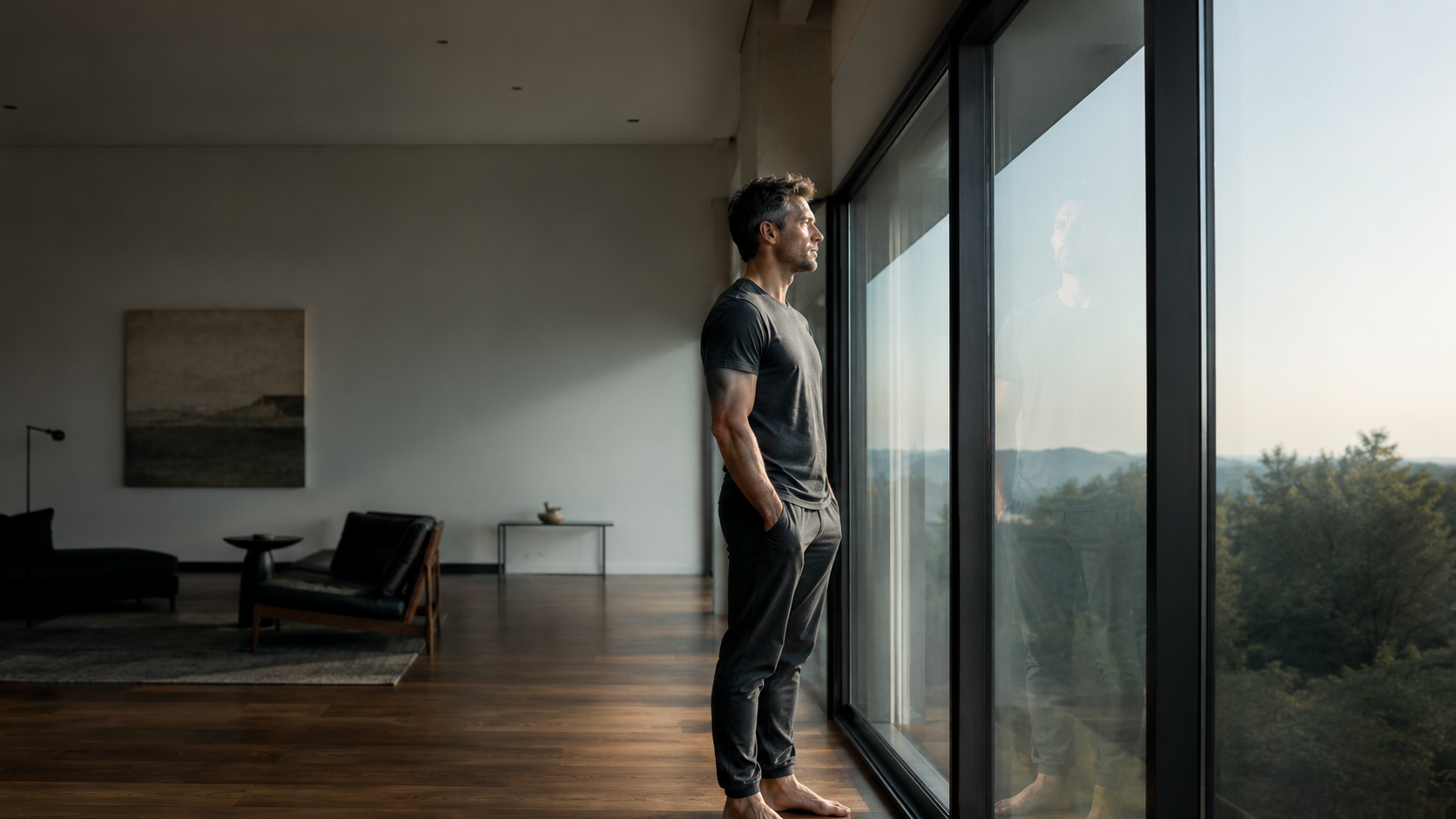A person pressing their hands against an invisible glass ceiling above them, representing the limiting beliefs that cap health results despite effort and knowledge