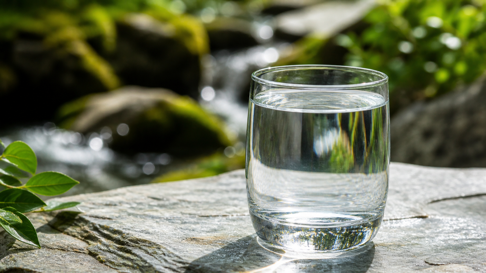 Clean glass of pure water resting on a natural stone surface with a backdrop of flowing water and greenery