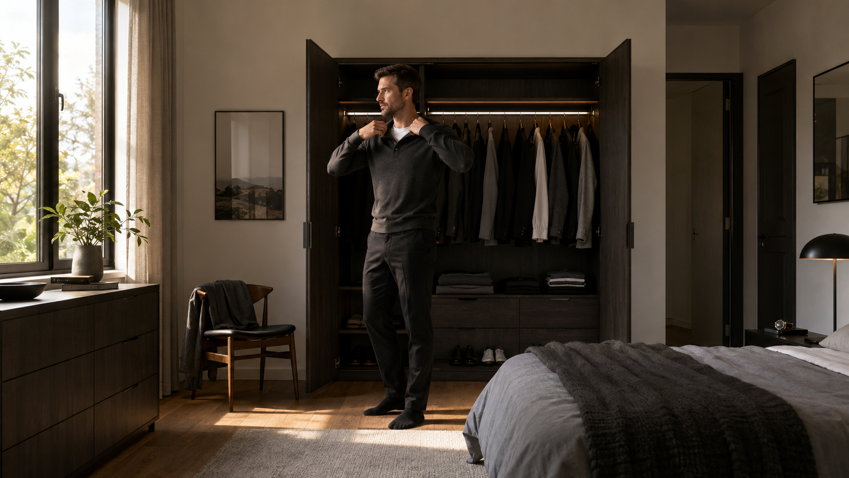 An open wardrobe showing clothes from different chapters of a person's life — large past sizes, aspirational future items, and current well-fitting clothes — illustrating how the physical environment holds old identity stories