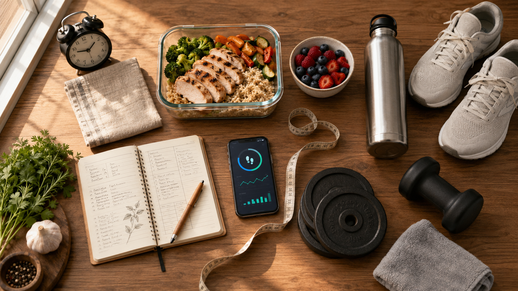 A professional coaching environment with a structured fat loss plan, meal prep containers, training log, and tracking tools