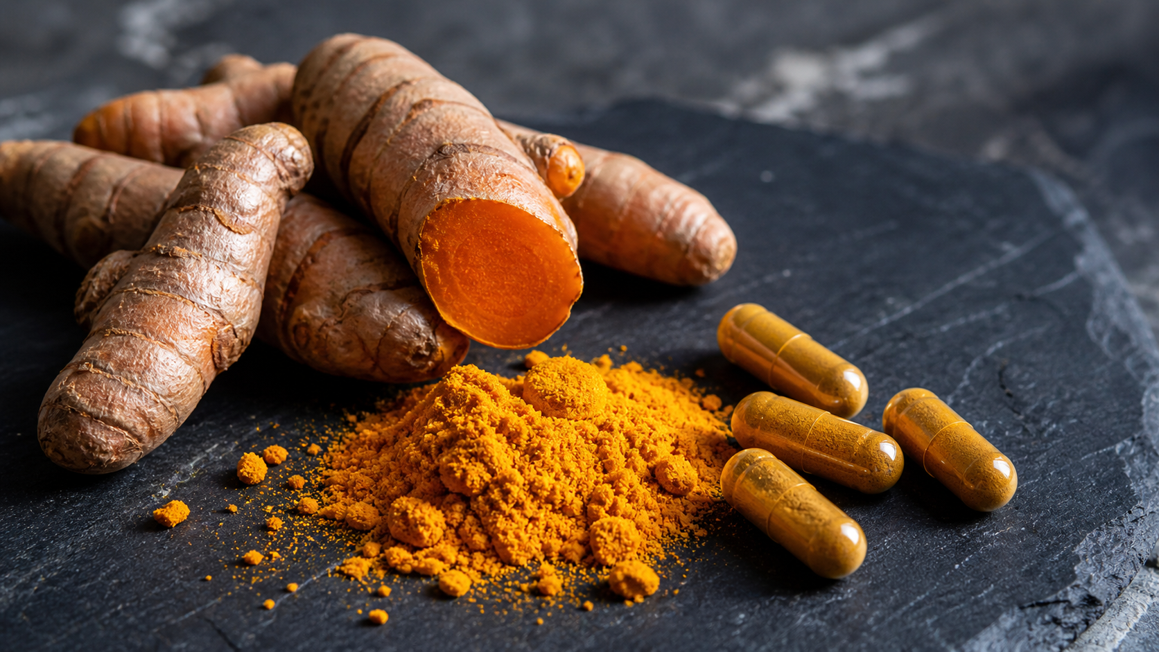 Golden turmeric root and powder alongside curcumin supplement capsules on a clean surface