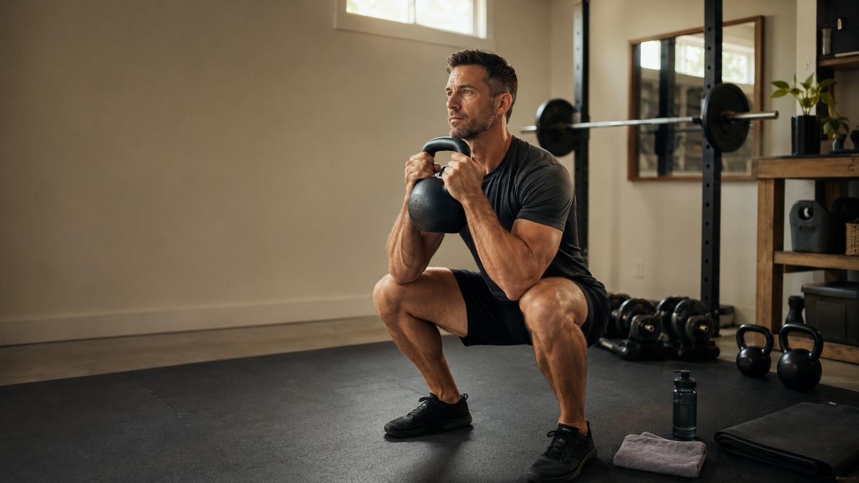 A focused father in his 30s or 40s holding the bottom of a heavy kettlebell goblet squat in a sunlit home gym, embodying the practical minimum that reverses the dad bod — short, structured resistance sessions that fit family life rather than a wholesale lifestyle overhaul