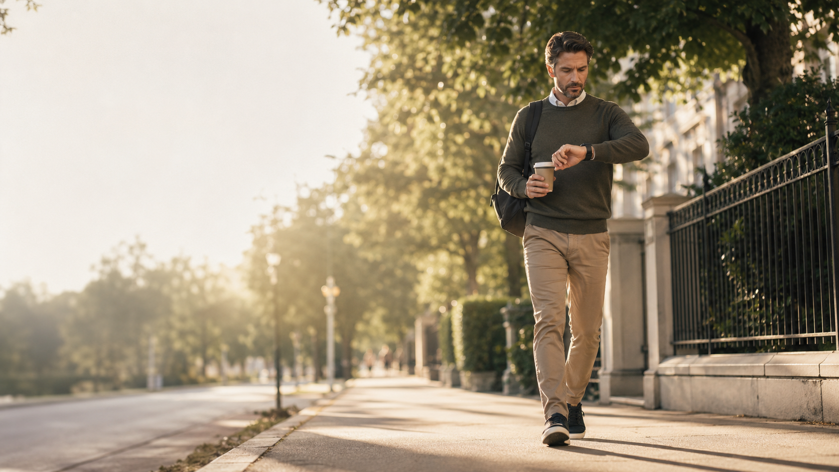 Person walking outdoors in an urban setting with a smartwatch showing a step count