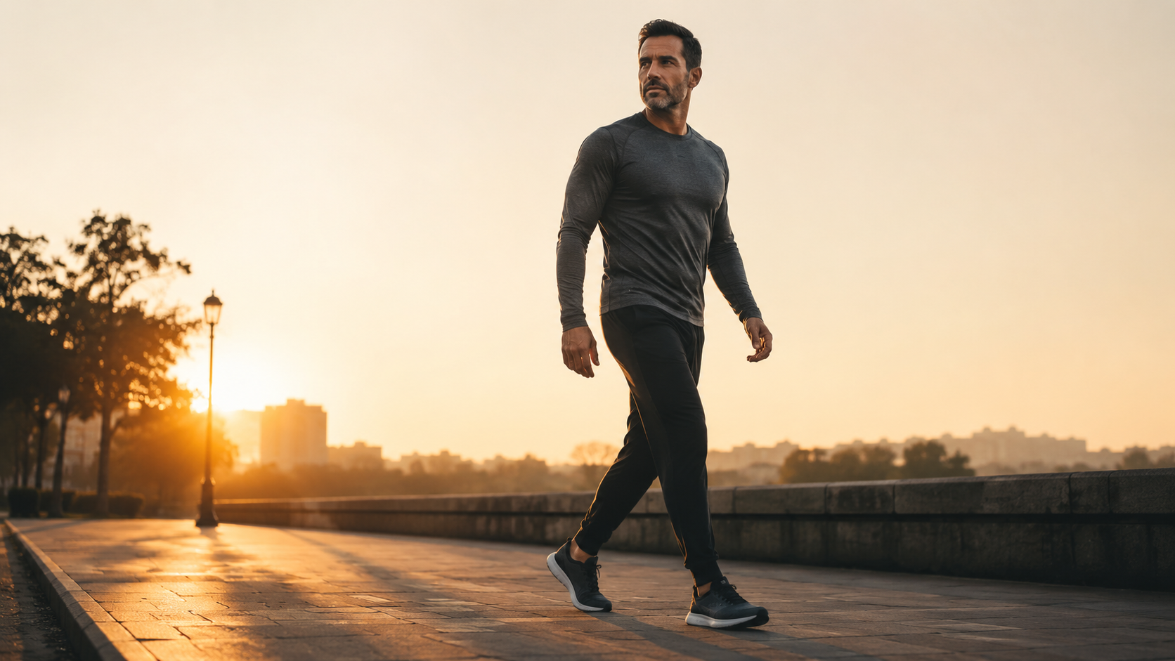 A man walking briskly along an empty city street at sunrise, illustrating a typical fasted morning cardio session — the practical reality behind the fasted versus fed debate this article unpacks