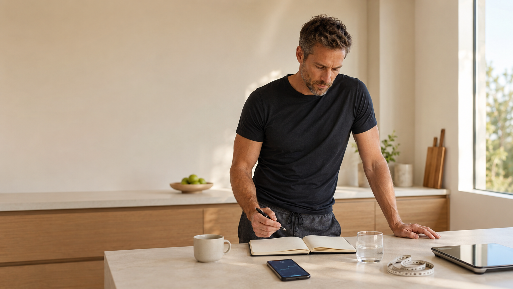 A person standing on a bathroom scale looking contemplative as their weight loss progress stalls into a plateau