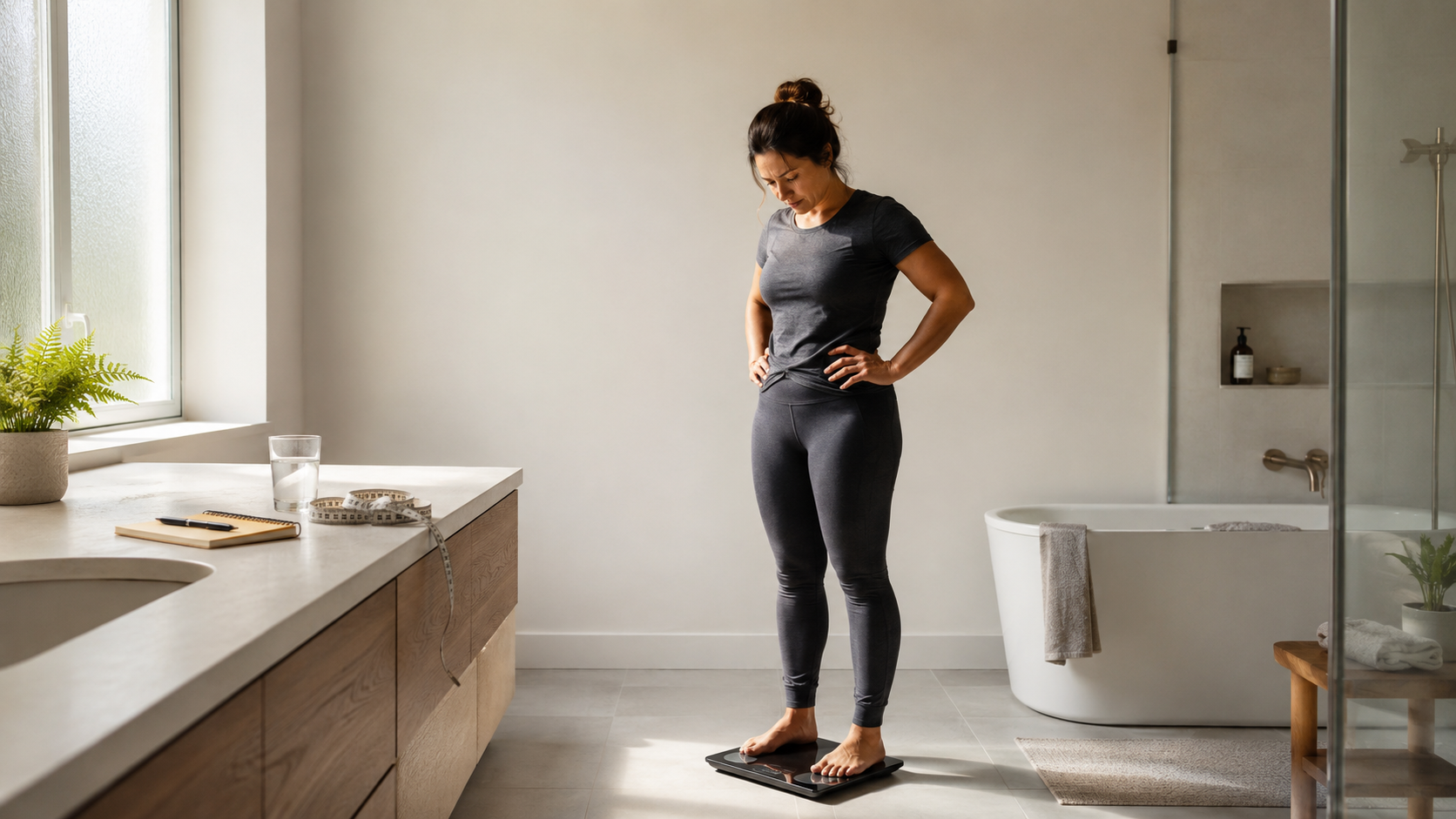A frustrated person standing on a bathroom scale, conveying stagnation and confusion about fat loss progress
