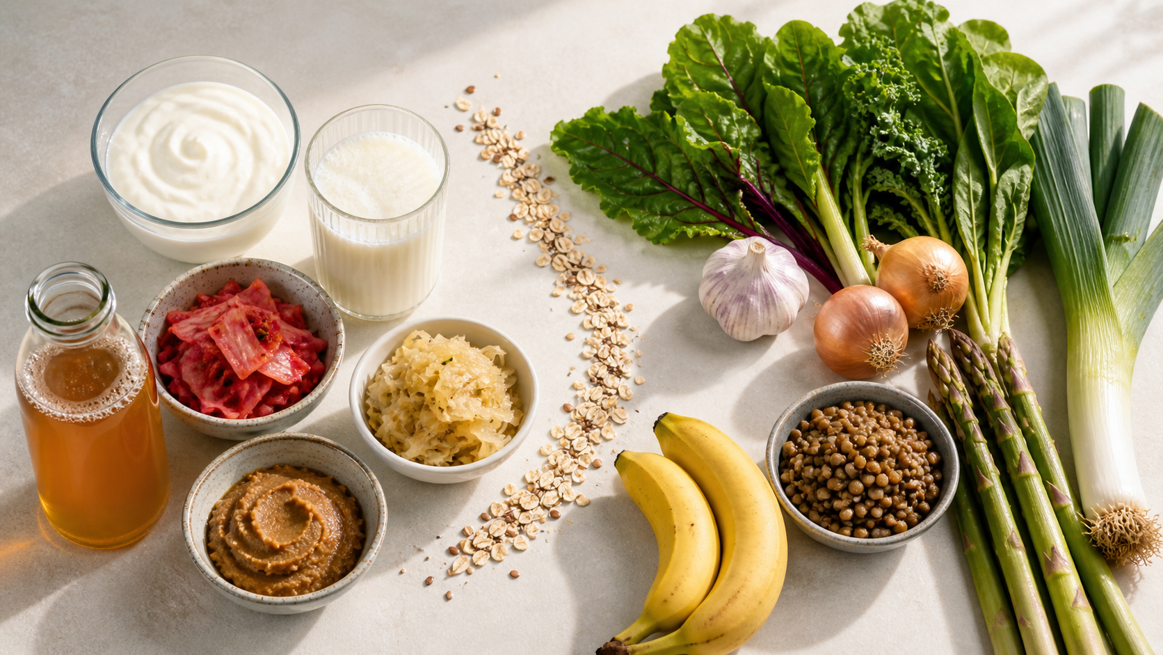 A vibrant overhead flat lay of fermented and whole foods representing gut health and the gut-brain connection