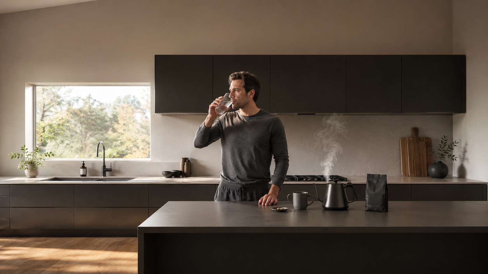 A chain of daily habits linked together — morning coffee triggering water, supplements, and movement — illustrating how anchor behaviours build a complete health routine without willpower
