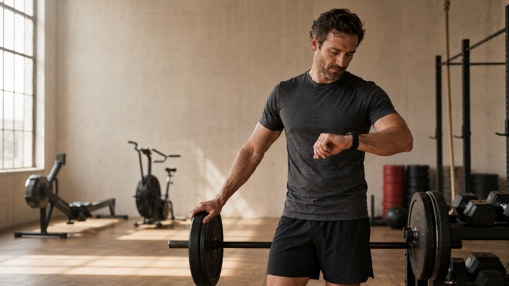 A man checking his watch mid session in a gym next to a loaded barbell, with a rower and assault bike in the background — the everyday image behind the question this article answers: how much cardio do you really need based on your specific goal
