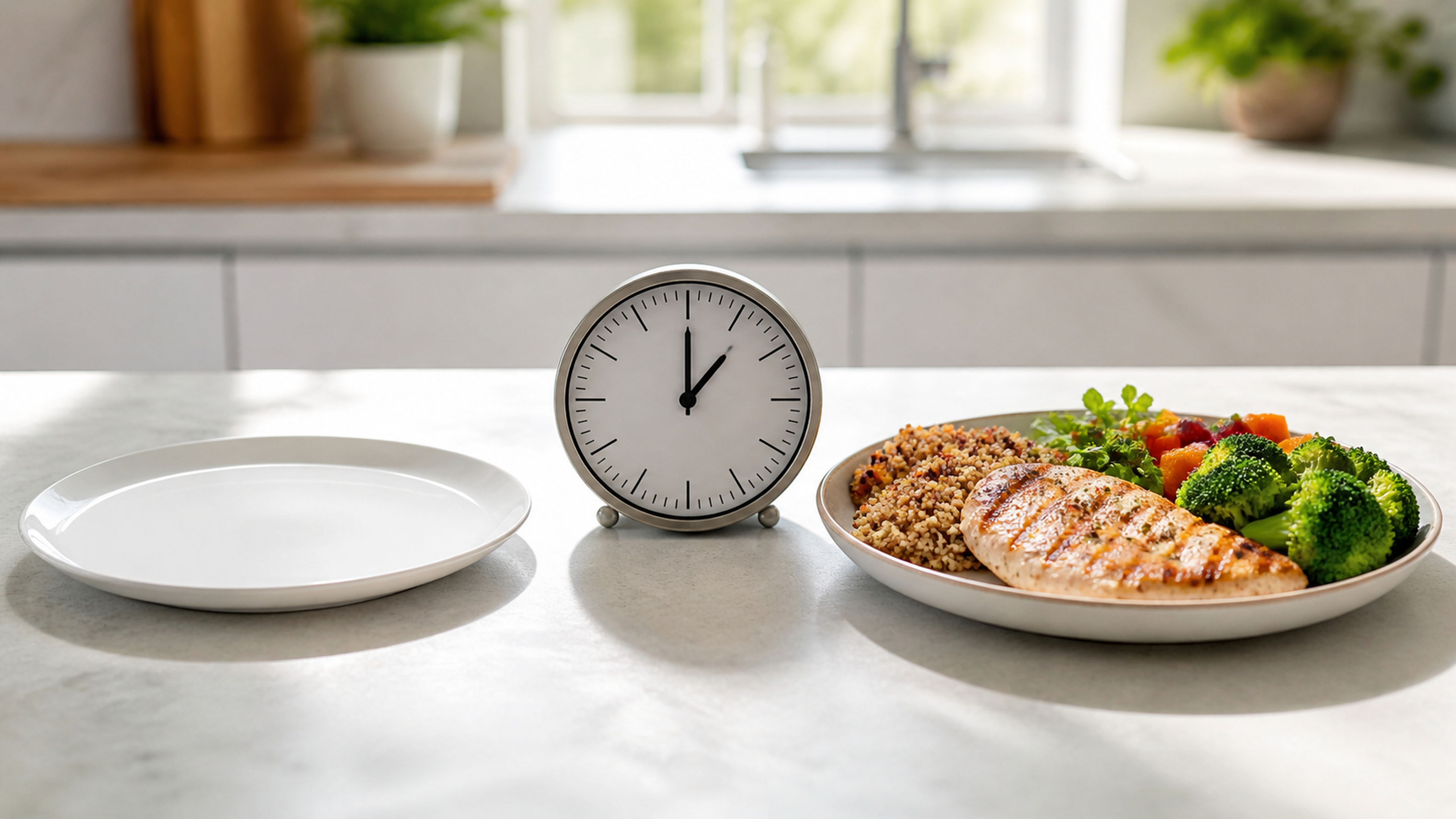 A clock face alongside a balanced meal representing the concept of time-restricted eating