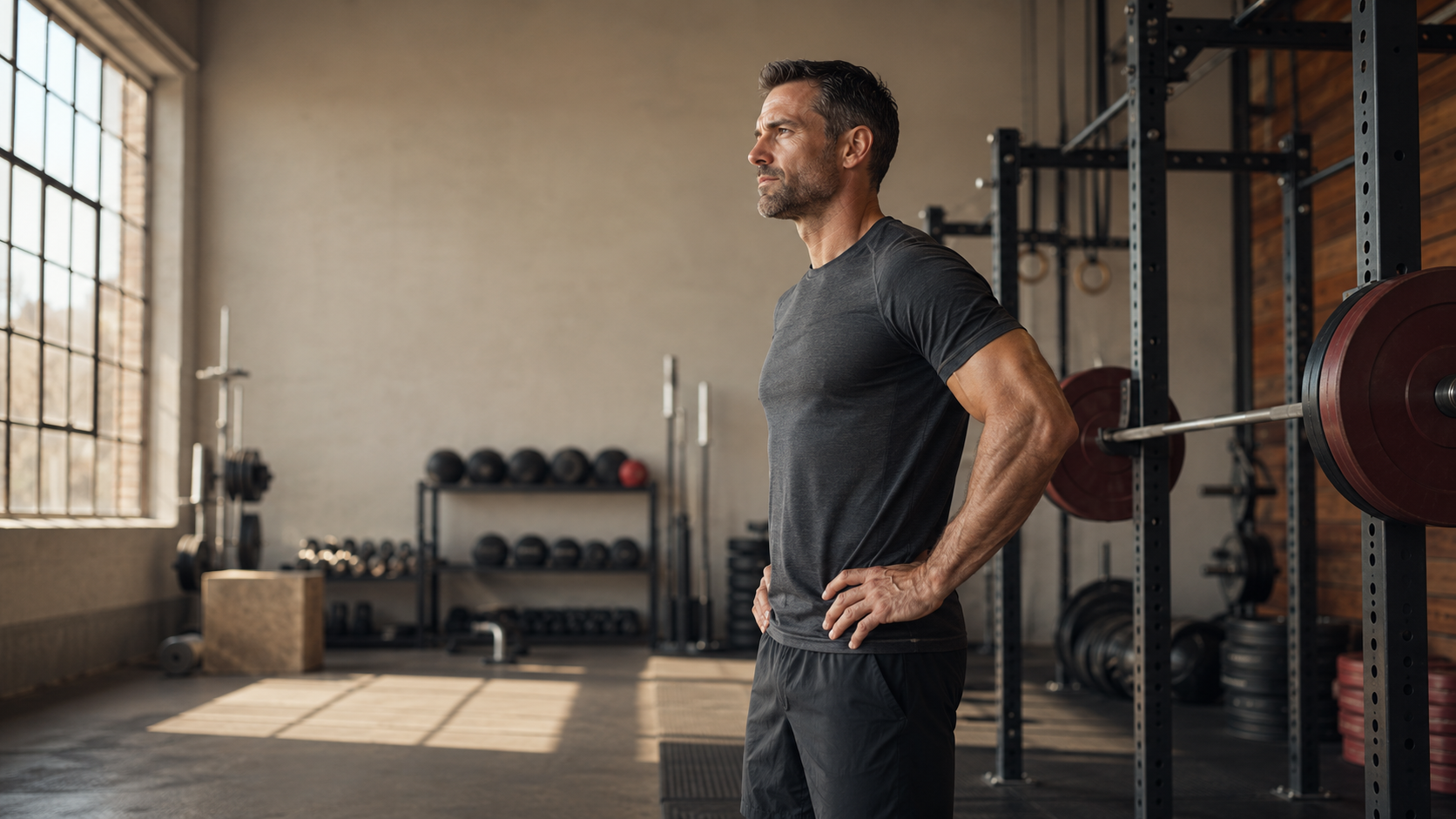 A lean, athletic man in his prime standing calmly with hands on hips in a sunlit industrial gym beside a loaded squat rack, embodying the disciplined, fundamentals-first approach to body composition, training, nutrition, sleep and stress that this men's health foundations article is built around
