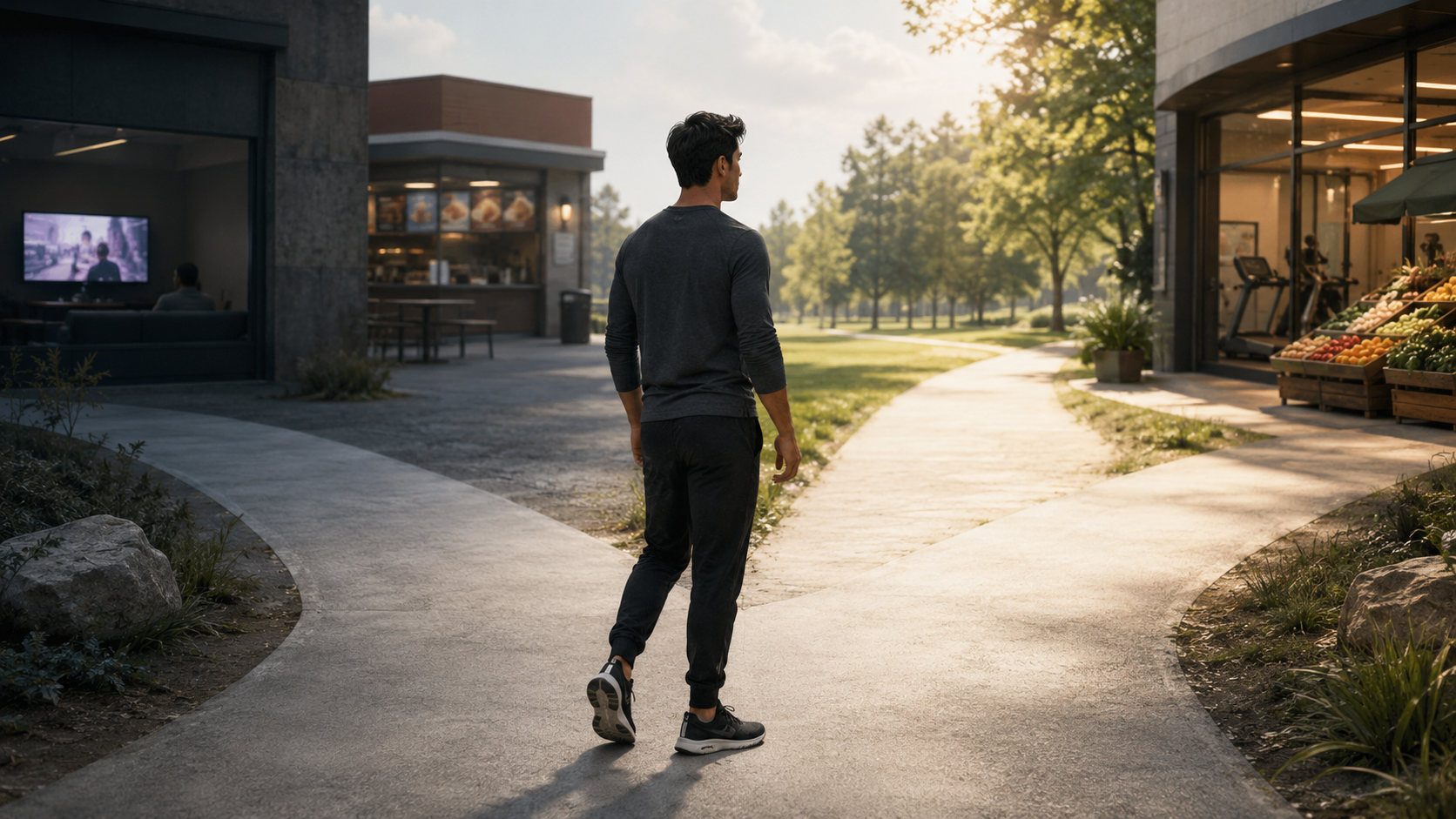 A person standing at a crossroads, one direction leading towards fast food and a sofa, the other towards a gym and fresh produce