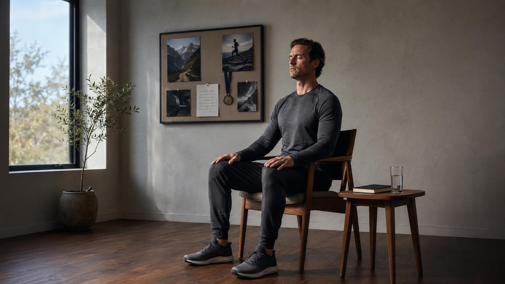 A person in a quiet moment of purposeful stillness and focused internal attention, practising deliberate visualisation