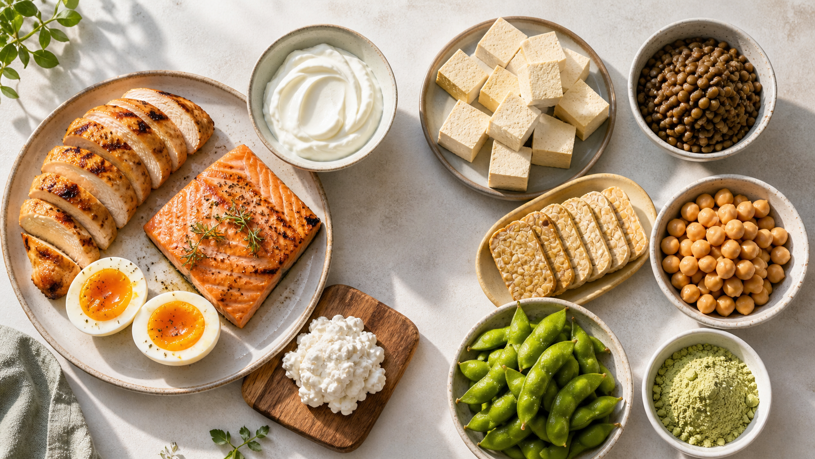 A vibrant flat lay of diverse high-protein foods including chicken, eggs, salmon, Greek yoghurt, tofu, tempeh, lentils, and chickpeas on a clean background