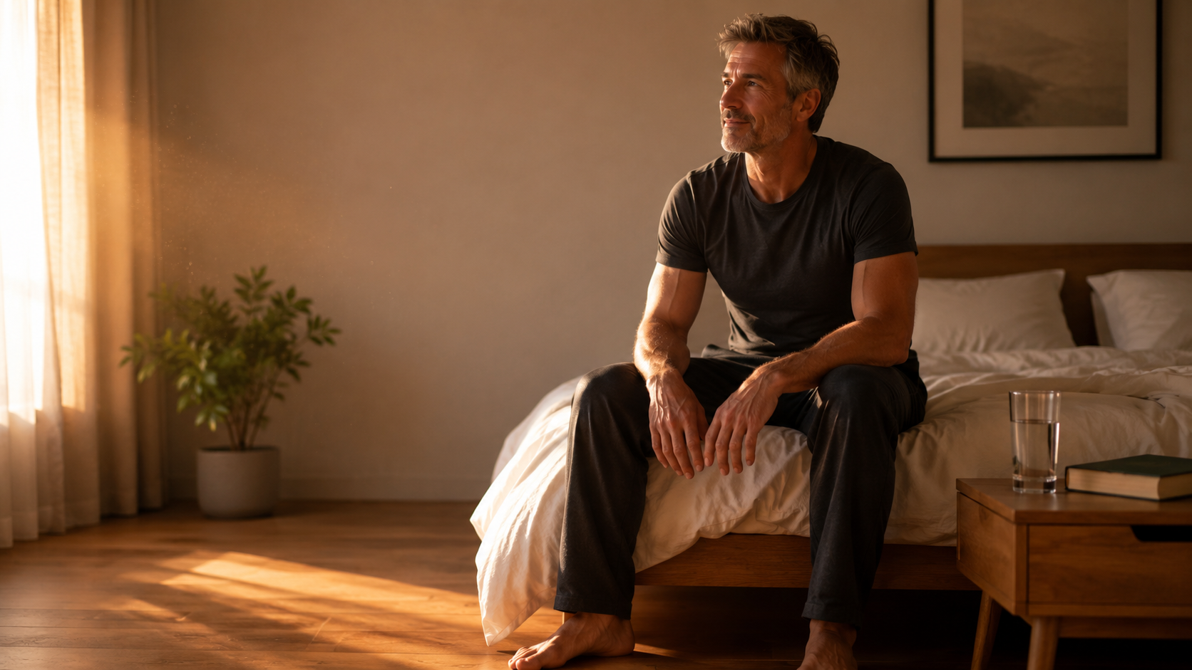 A silver-haired man past 40 sitting calmly on the edge of his bed in a sunlit early-morning bedroom, glass of water on the side table — embodying the central message that sleep is the most anabolically active period of the day, and that treating it as optional has a measurable hormonal and physical cost