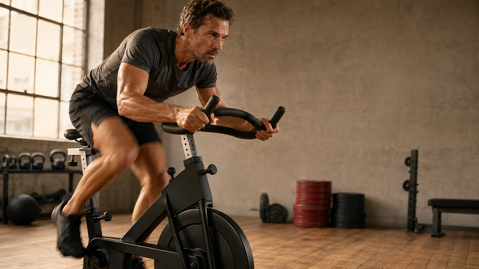 A man out of the saddle on a stationary bike, working hard with focused intensity in a sunlit gym with kettlebells, weight plates and a bench in the background — the everyday image behind the question this article answers: is the stationary bike a waste of your time, or a genuinely useful training tool?
