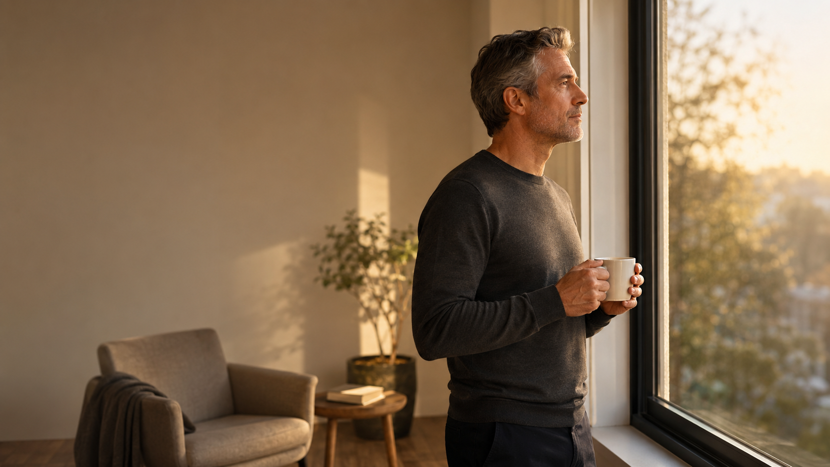 A silver-haired man past 40 standing quietly by a window at golden hour holding a coffee mug, looking out and pausing — embodying the central message that managing the male stress response is about deliberate, daily disengagement from the never-fully-resolved demands of modern life, not just more training