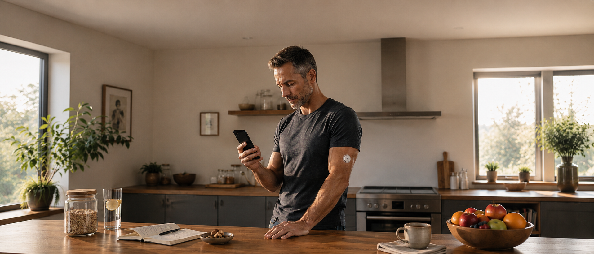 A silver-haired man past 40 wearing a continuous glucose monitor on his upper arm, calmly checking his real-time glucose data on his phone in a sunlit room — embodying the central message that insulin resistance is invisible without measurement, and that taking control begins with knowing your numbers before a clinical threshold is reached