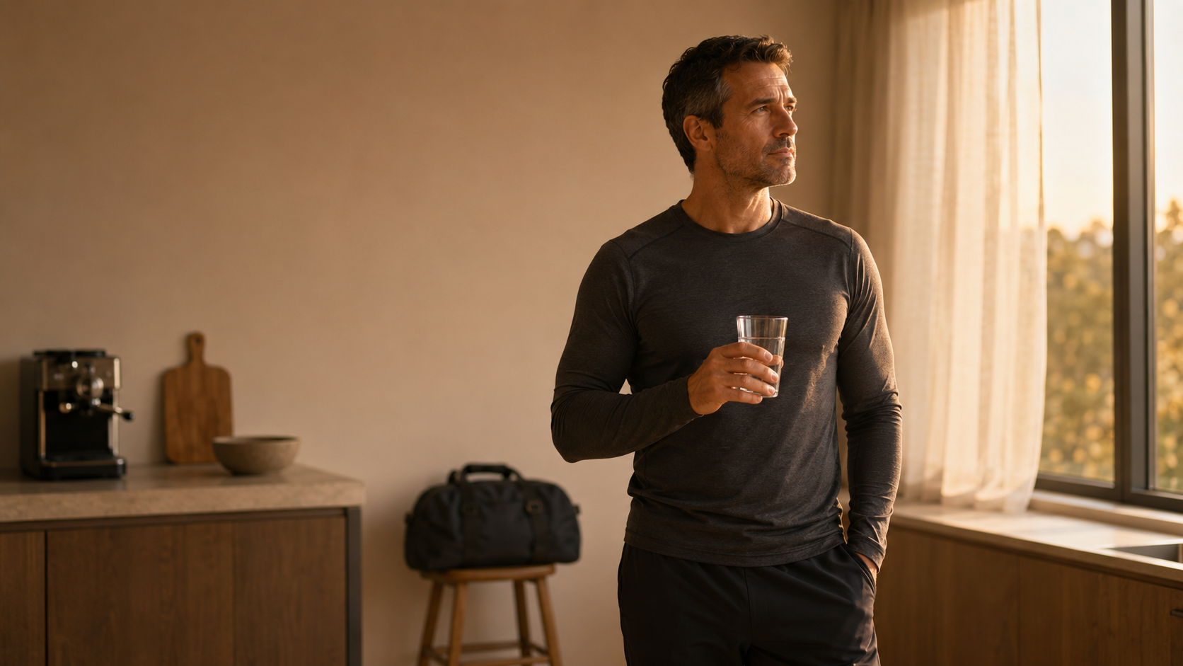 A man in his 40s standing in a calm sunlit kitchen with a glass of water in hand and a kit bag on a stool beside him, embodying the central message that the forties are the decade where consistent daily choices around training, nutrition and lifestyle decide everything that follows