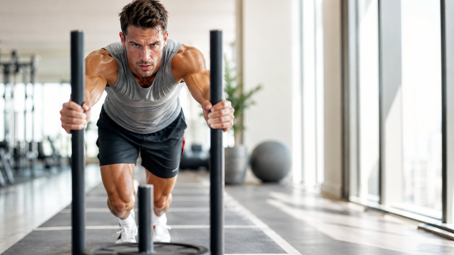 An athlete pushing a weighted sled in a bright gym