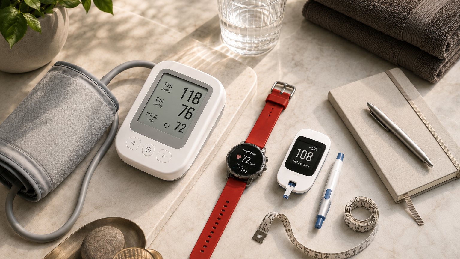 Health-monitoring devices: blood pressure cuff, smartwatch and glucose meter