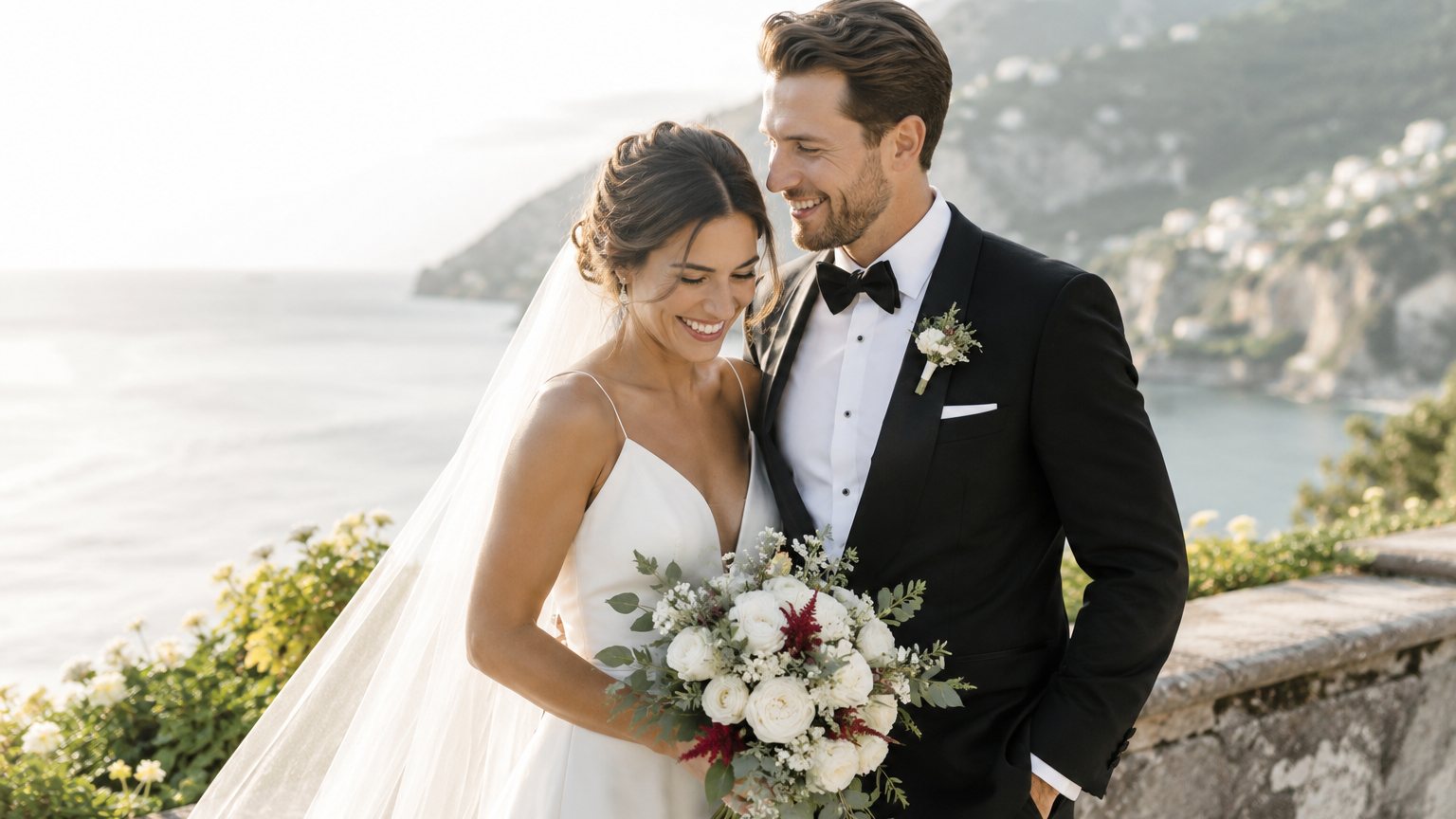 A couple looking their best on their wedding day by the coast