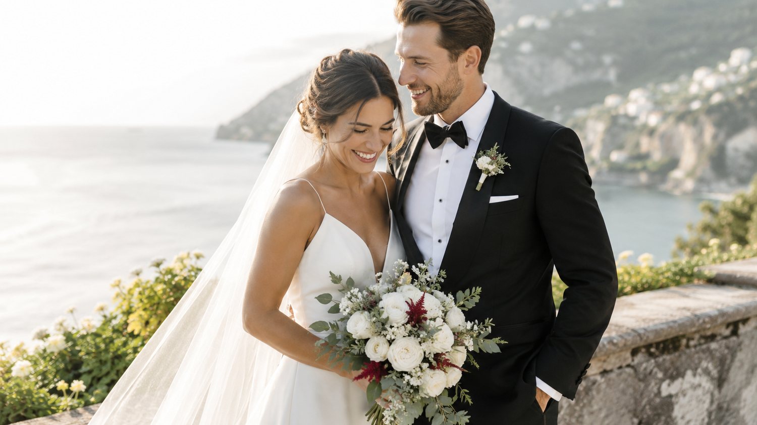 A couple looking their best on their wedding day by the coast