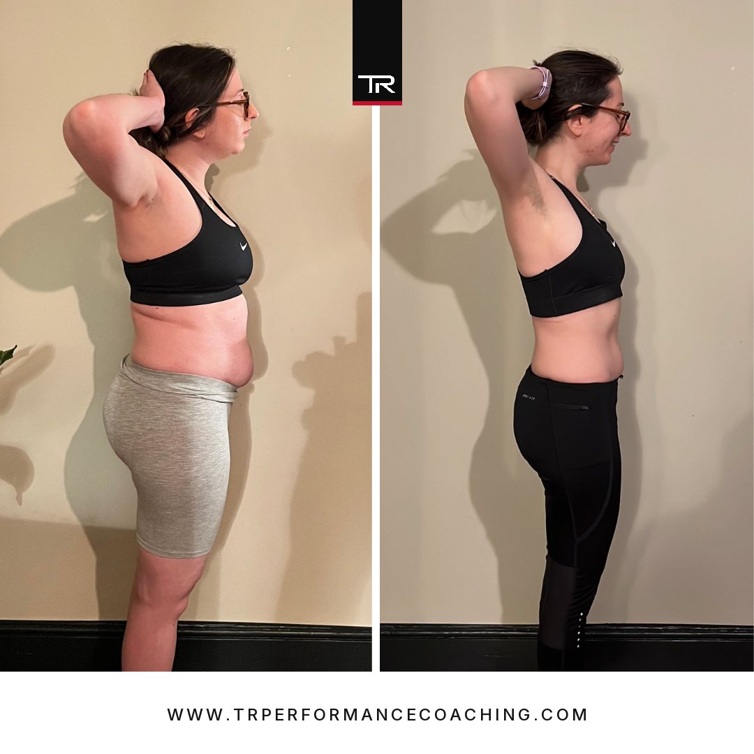 Emily, side profile with arms raised, before and after.