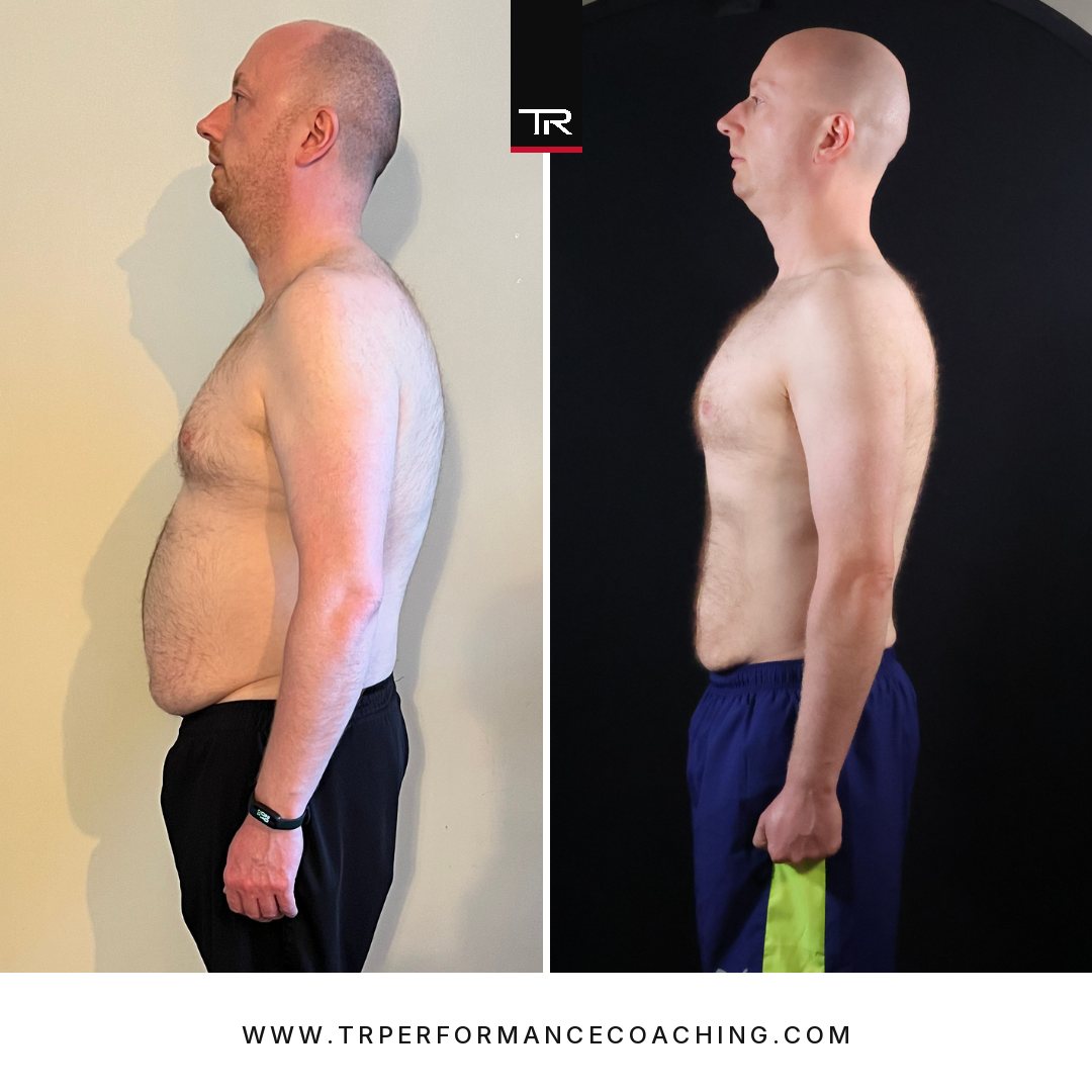 Gavin, side profile, before and after his twelve-week transformation.