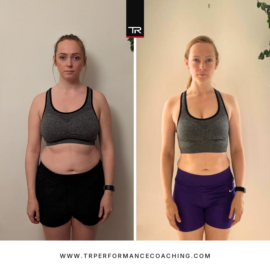 Jess before and after — two dress sizes down, body fat from 40% to under 29% over six months of home training